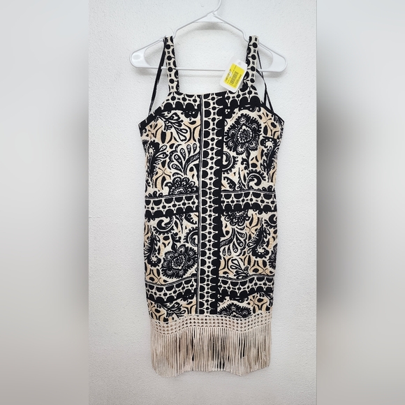 Tahari ASL Black and White Floral Mini Dress With Fringe - Picture 3 of 6
